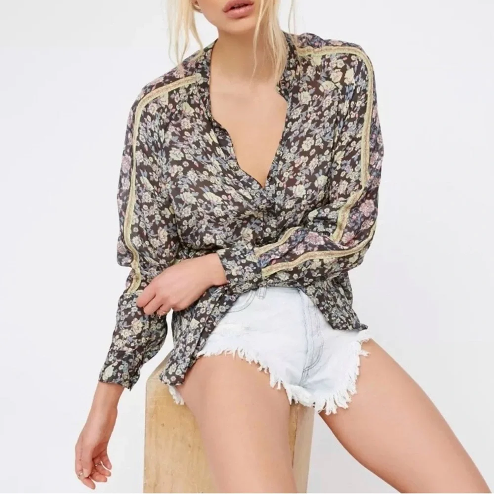 Free People Skyway Drive In Top Women Floral Button Front Blouse *No‎ Belt
